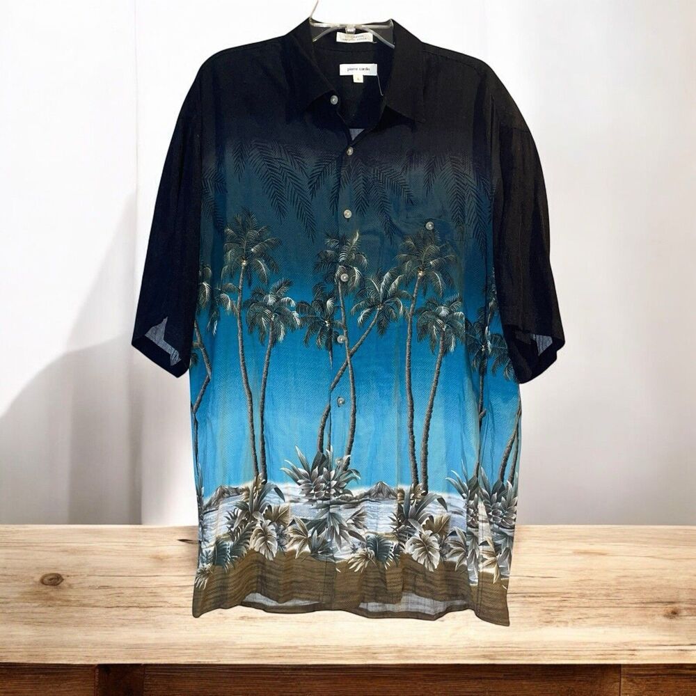 Vtg Pierre Cardin L 100% Rayon Palm Tree Hawaiian Camp Shirt Button Front